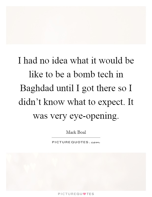 I had no idea what it would be like to be a bomb tech in Baghdad until I got there so I didn't know what to expect. It was very eye-opening. Picture Quote #1