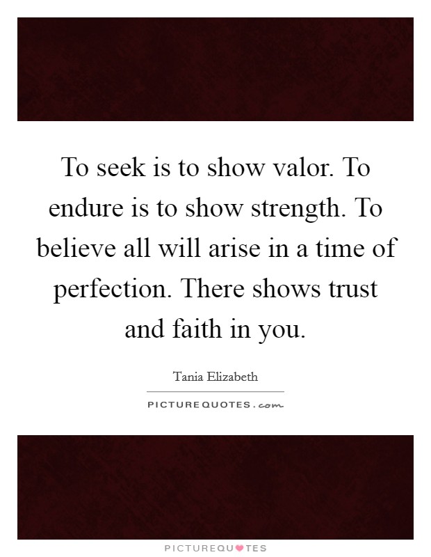 To seek is to show valor. To endure is to show strength. To believe all will arise in a time of perfection. There shows trust and faith in you. Picture Quote #1