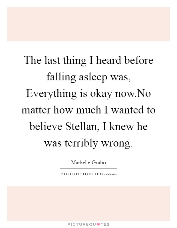 The last thing I heard before falling asleep was, Everything is okay now.No matter how much I wanted to believe Stellan, I knew he was terribly wrong. Picture Quote #1
