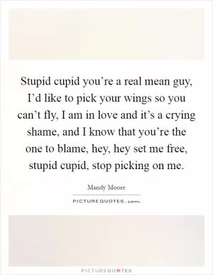 Stupid cupid you’re a real mean guy, I’d like to pick your wings so you can’t fly, I am in love and it’s a crying shame, and I know that you’re the one to blame, hey, hey set me free, stupid cupid, stop picking on me Picture Quote #1