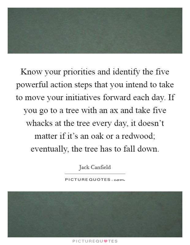 Know your priorities and identify the five powerful action steps that you intend to take to move your initiatives forward each day. If you go to a tree with an ax and take five whacks at the tree every day, it doesn't matter if it's an oak or a redwood; eventually, the tree has to fall down. Picture Quote #1