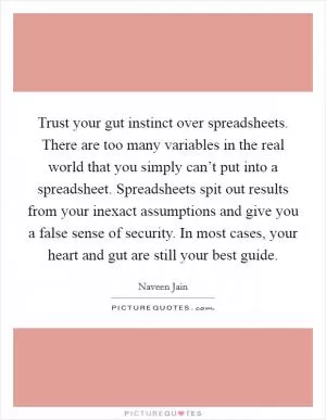 Trust your gut instinct over spreadsheets. There are too many variables in the real world that you simply can’t put into a spreadsheet. Spreadsheets spit out results from your inexact assumptions and give you a false sense of security. In most cases, your heart and gut are still your best guide Picture Quote #1