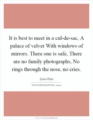 It is best to meet in a cul-de-sac, A palace of velvet With windows of mirrors. There one is safe, There are no family photographs, No rings through the nose, no cries Picture Quote #1