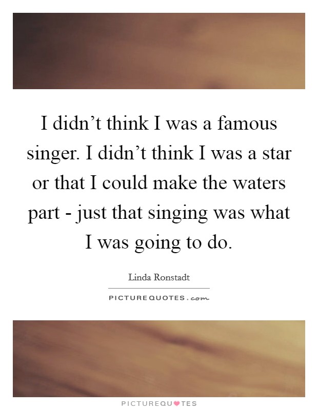 I didn't think I was a famous singer. I didn't think I was a star or that I could make the waters part - just that singing was what I was going to do. Picture Quote #1