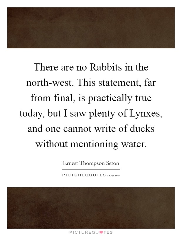 There are no Rabbits in the north-west. This statement, far from final, is practically true today, but I saw plenty of Lynxes, and one cannot write of ducks without mentioning water. Picture Quote #1