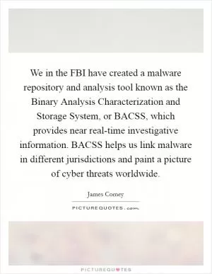 We in the FBI have created a malware repository and analysis tool known as the Binary Analysis Characterization and Storage System, or BACSS, which provides near real-time investigative information. BACSS helps us link malware in different jurisdictions and paint a picture of cyber threats worldwide Picture Quote #1