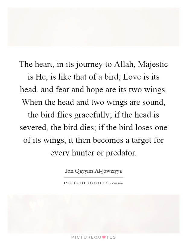 The heart, in its journey to Allah, Majestic is He, is like that of a bird; Love is its head, and fear and hope are its two wings. When the head and two wings are sound, the bird flies gracefully; if the head is severed, the bird dies; if the bird loses one of its wings, it then becomes a target for every hunter or predator. Picture Quote #1