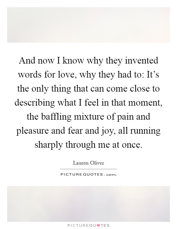 And now I know why they invented words for love, why they had to: It's the only thing that can come close to describing what I feel in that moment, the baffling mixture of pain and pleasure and fear and joy, all running sharply through me at once. Picture Quote #1