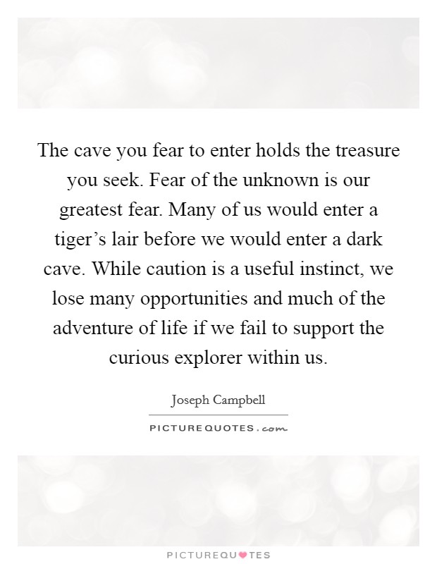 The cave you fear to enter holds the treasure you seek. Fear of the unknown is our greatest fear. Many of us would enter a tiger's lair before we would enter a dark cave. While caution is a useful instinct, we lose many opportunities and much of the adventure of life if we fail to support the curious explorer within us. Picture Quote #1