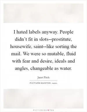 I hated labels anyway. People didn’t fit in slots--prostitute, housewife, saint--like sorting the mail. We were so mutable, fluid with fear and desire, ideals and angles, changeable as water Picture Quote #1