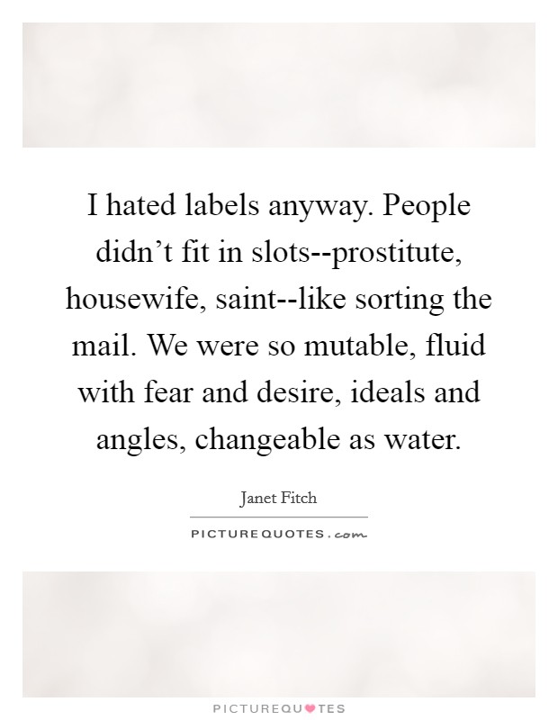 I hated labels anyway. People didn't fit in slots--prostitute, housewife, saint--like sorting the mail. We were so mutable, fluid with fear and desire, ideals and angles, changeable as water. Picture Quote #1