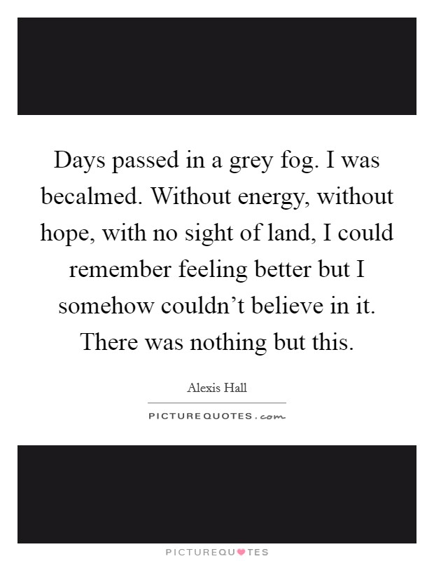 Days passed in a grey fog. I was becalmed. Without energy, without hope, with no sight of land, I could remember feeling better but I somehow couldn't believe in it. There was nothing but this. Picture Quote #1