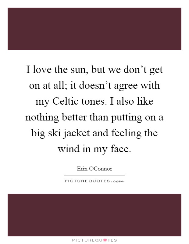 I love the sun, but we don't get on at all; it doesn't agree with my Celtic tones. I also like nothing better than putting on a big ski jacket and feeling the wind in my face. Picture Quote #1