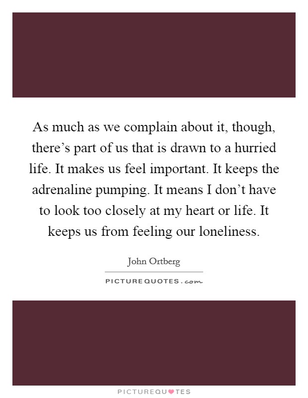 As much as we complain about it, though, there's part of us that is drawn to a hurried life. It makes us feel important. It keeps the adrenaline pumping. It means I don't have to look too closely at my heart or life. It keeps us from feeling our loneliness. Picture Quote #1