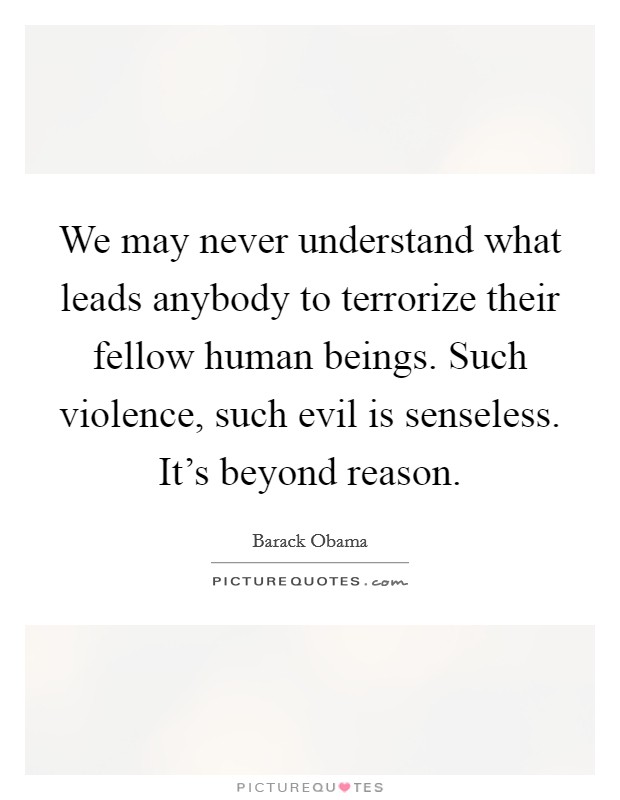 We may never understand what leads anybody to terrorize their fellow human beings. Such violence, such evil is senseless. It's beyond reason. Picture Quote #1