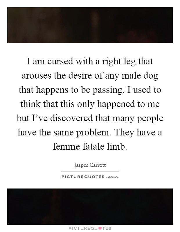I am cursed with a right leg that arouses the desire of any male dog that happens to be passing. I used to think that this only happened to me but I've discovered that many people have the same problem. They have a femme fatale limb. Picture Quote #1