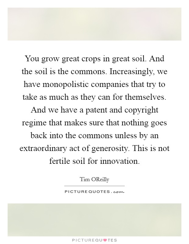 You grow great crops in great soil. And the soil is the commons. Increasingly, we have monopolistic companies that try to take as much as they can for themselves. And we have a patent and copyright regime that makes sure that nothing goes back into the commons unless by an extraordinary act of generosity. This is not fertile soil for innovation. Picture Quote #1