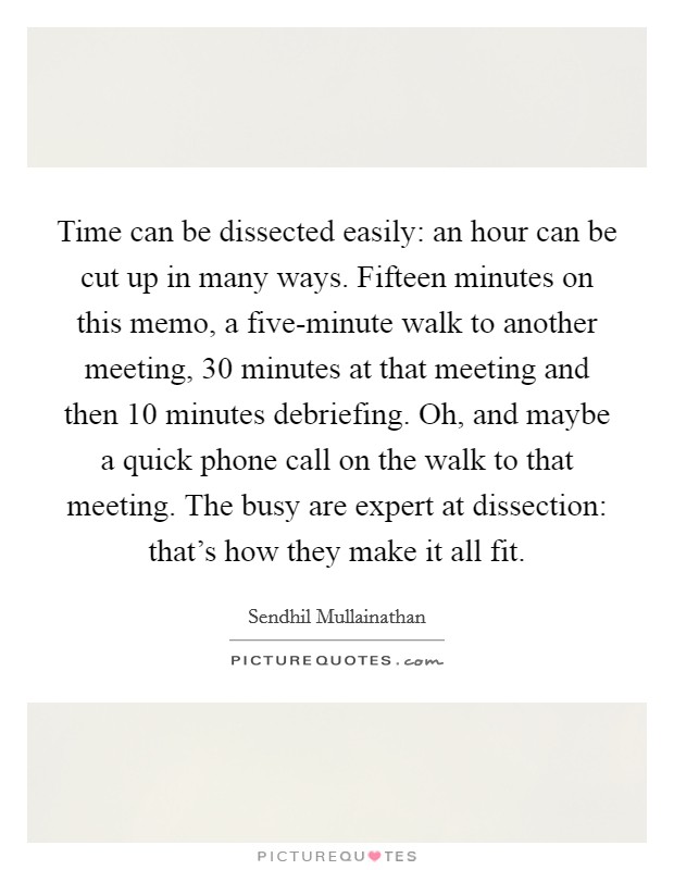Time can be dissected easily: an hour can be cut up in many ways. Fifteen minutes on this memo, a five-minute walk to another meeting, 30 minutes at that meeting and then 10 minutes debriefing. Oh, and maybe a quick phone call on the walk to that meeting. The busy are expert at dissection: that's how they make it all fit. Picture Quote #1
