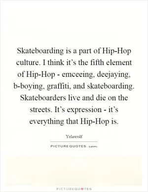 Skateboarding is a part of Hip-Hop culture. I think it’s the fifth element of Hip-Hop - emceeing, deejaying, b-boying, graffiti, and skateboarding. Skateboarders live and die on the streets. It’s expression - it’s everything that Hip-Hop is Picture Quote #1