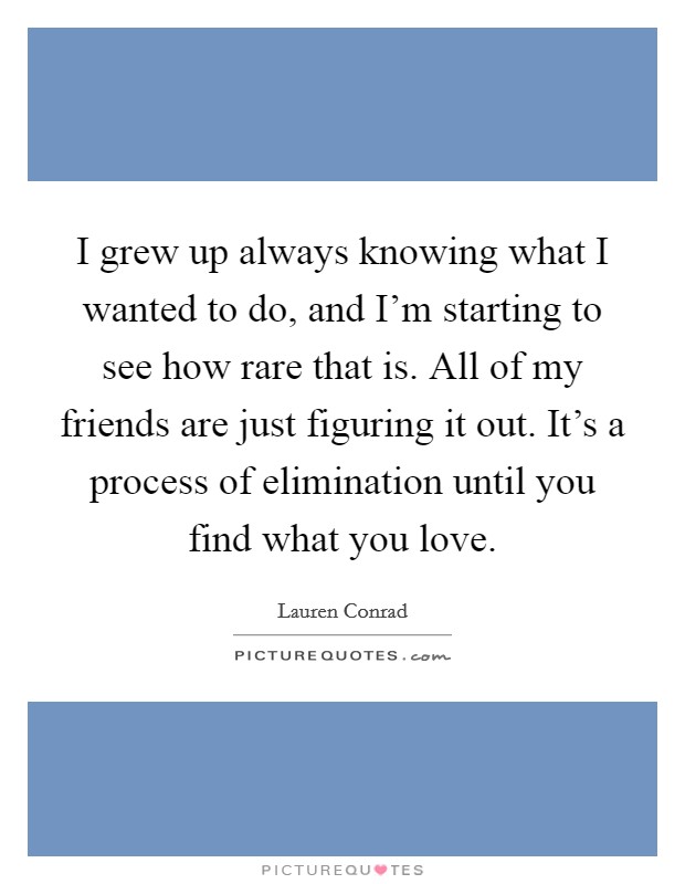 I grew up always knowing what I wanted to do, and I'm starting to see how rare that is. All of my friends are just figuring it out. It's a process of elimination until you find what you love. Picture Quote #1