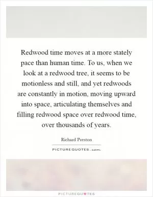 Redwood time moves at a more stately pace than human time. To us, when we look at a redwood tree, it seems to be motionless and still, and yet redwoods are constantly in motion, moving upward into space, articulating themselves and filling redwood space over redwood time, over thousands of years Picture Quote #1