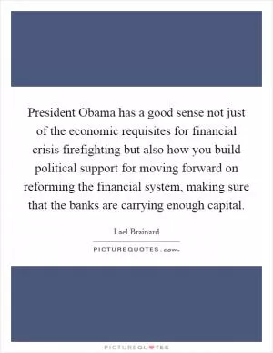 President Obama has a good sense not just of the economic requisites for financial crisis firefighting but also how you build political support for moving forward on reforming the financial system, making sure that the banks are carrying enough capital Picture Quote #1