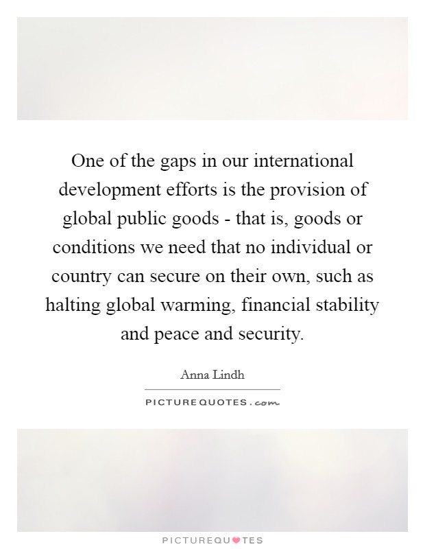 One of the gaps in our international development efforts is the provision of global public goods - that is, goods or conditions we need that no individual or country can secure on their own, such as halting global warming, financial stability and peace and security. Picture Quote #1