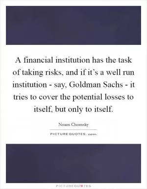 A financial institution has the task of taking risks, and if it’s a well run institution - say, Goldman Sachs - it tries to cover the potential losses to itself, but only to itself Picture Quote #1