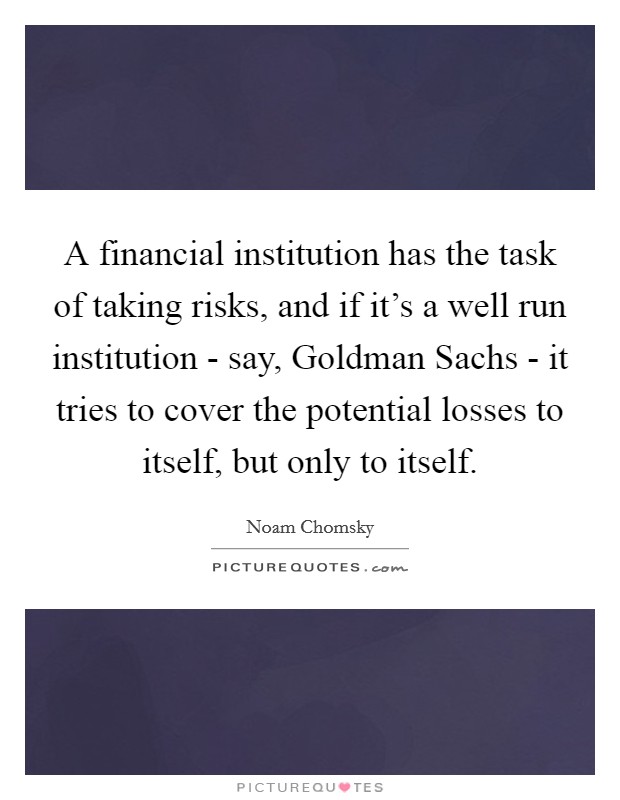 A financial institution has the task of taking risks, and if it's a well run institution - say, Goldman Sachs - it tries to cover the potential losses to itself, but only to itself. Picture Quote #1