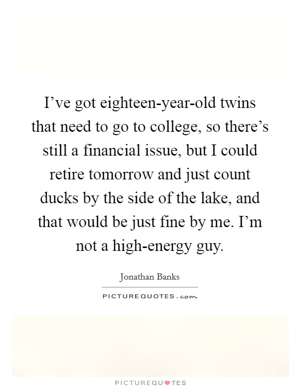 I've got eighteen-year-old twins that need to go to college, so there's still a financial issue, but I could retire tomorrow and just count ducks by the side of the lake, and that would be just fine by me. I'm not a high-energy guy. Picture Quote #1