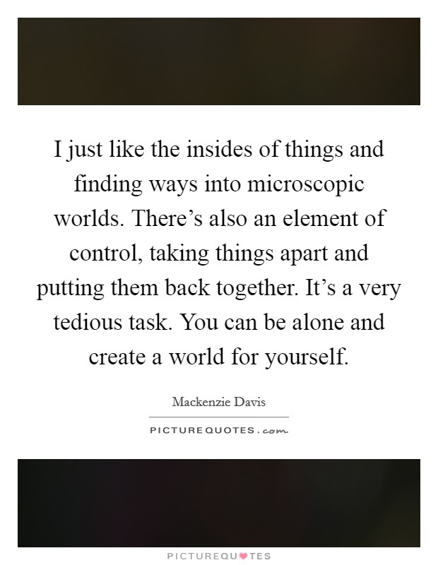 I just like the insides of things and finding ways into microscopic worlds. There's also an element of control, taking things apart and putting them back together. It's a very tedious task. You can be alone and create a world for yourself. Picture Quote #1