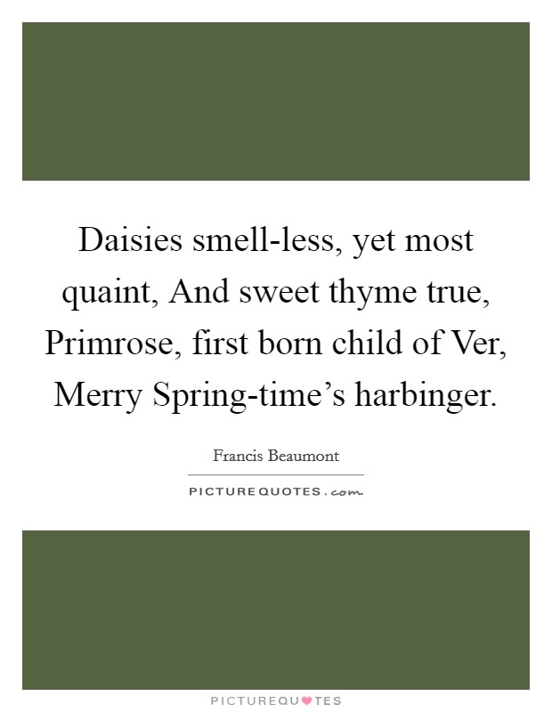 Daisies smell-less, yet most quaint, And sweet thyme true, Primrose, first born child of Ver, Merry Spring-time's harbinger. Picture Quote #1