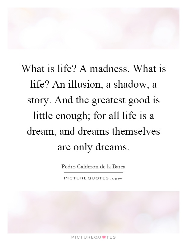 What is life? A madness. What is life? An illusion, a shadow, a story. And the greatest good is little enough; for all life is a dream, and dreams themselves are only dreams Picture Quote #1