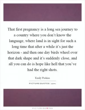 That first pregnancy is a long sea journey to a country where you don’t know the language, where land is in sight for such a long time that after a while it’s just the horizon - and then one day birds wheel over that dark shape and it’s suddenly close, and all you can do is hope like hell that you’ve had the right shots Picture Quote #1