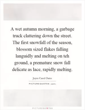 A wet autumn morning, a garbage truck clattering down the street. The first snowfall of the season, blossom sized flakes falling languidly and melting on teh ground, a premature snow fall delicate as lace, rapidly melting Picture Quote #1