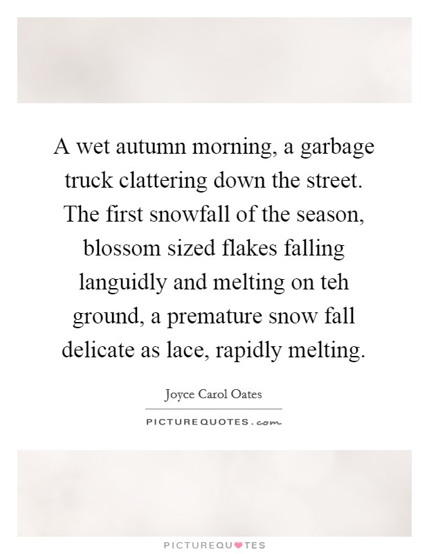 A wet autumn morning, a garbage truck clattering down the street. The first snowfall of the season, blossom sized flakes falling languidly and melting on teh ground, a premature snow fall delicate as lace, rapidly melting. Picture Quote #1