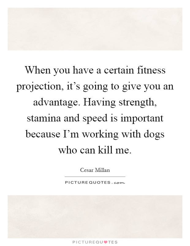 When you have a certain fitness projection, it's going to give you an advantage. Having strength, stamina and speed is important because I'm working with dogs who can kill me. Picture Quote #1