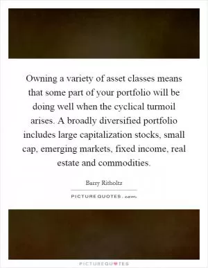 Owning a variety of asset classes means that some part of your portfolio will be doing well when the cyclical turmoil arises. A broadly diversified portfolio includes large capitalization stocks, small cap, emerging markets, fixed income, real estate and commodities Picture Quote #1