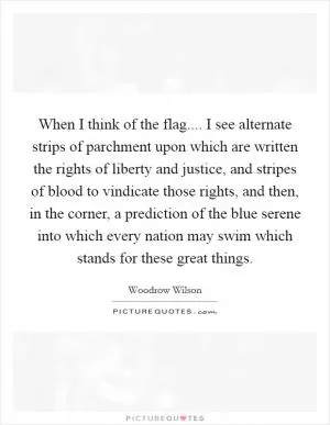 When I think of the flag.... I see alternate strips of parchment upon which are written the rights of liberty and justice, and stripes of blood to vindicate those rights, and then, in the corner, a prediction of the blue serene into which every nation may swim which stands for these great things Picture Quote #1