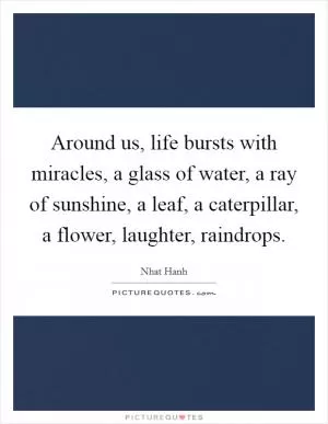 Around us, life bursts with miracles, a glass of water, a ray of sunshine, a leaf, a caterpillar, a flower, laughter, raindrops Picture Quote #1