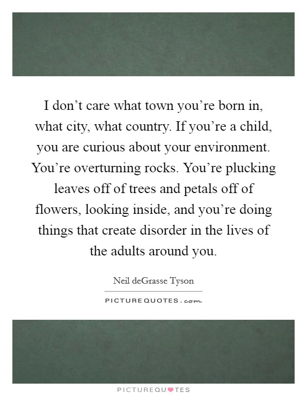 I don't care what town you're born in, what city, what country. If you're a child, you are curious about your environment. You're overturning rocks. You're plucking leaves off of trees and petals off of flowers, looking inside, and you're doing things that create disorder in the lives of the adults around you. Picture Quote #1