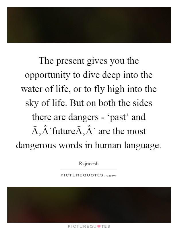 The present gives you the opportunity to dive deep into the water of life, or to fly high into the sky of life. But on both the sides there are dangers - ‘past' and Ã‚Â´futureÃ‚Â´ are the most dangerous words in human language. Picture Quote #1