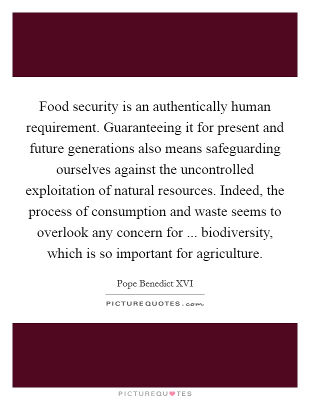 Food security is an authentically human requirement. Guaranteeing it for present and future generations also means safeguarding ourselves against the uncontrolled exploitation of natural resources. Indeed, the process of consumption and waste seems to overlook any concern for ... biodiversity, which is so important for agriculture. Picture Quote #1