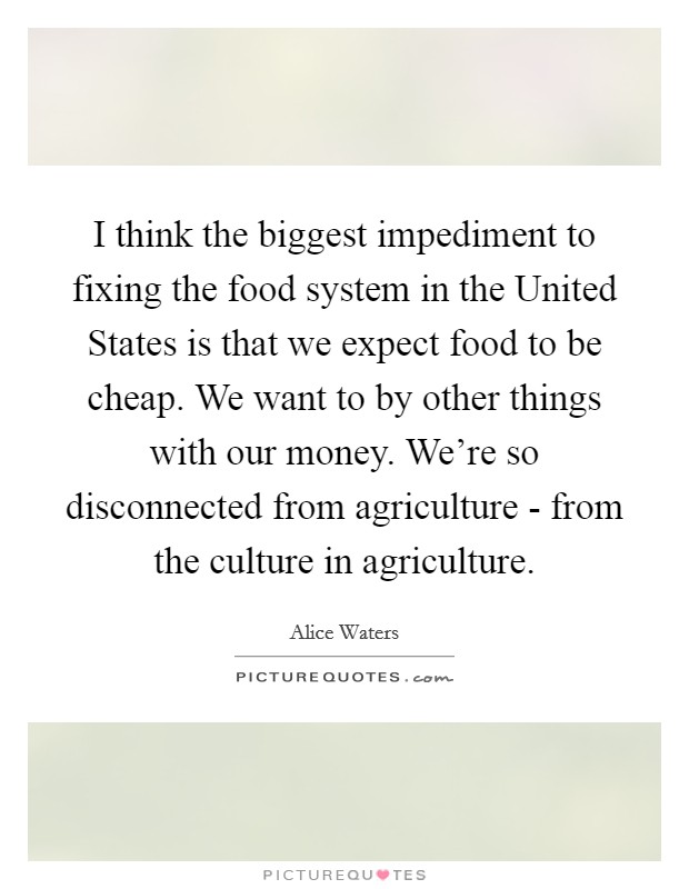 I think the biggest impediment to fixing the food system in the United States is that we expect food to be cheap. We want to by other things with our money. We're so disconnected from agriculture - from the culture in agriculture. Picture Quote #1