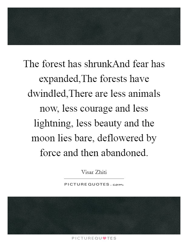 The forest has shrunkAnd fear has expanded,The forests have dwindled,There are less animals now, less courage and less lightning, less beauty and the moon lies bare, deflowered by force and then abandoned. Picture Quote #1