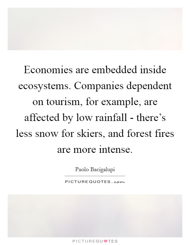 Economies are embedded inside ecosystems. Companies dependent on tourism, for example, are affected by low rainfall - there's less snow for skiers, and forest fires are more intense. Picture Quote #1