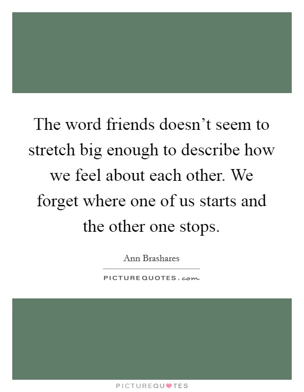 The word friends doesn't seem to stretch big enough to describe how we feel about each other. We forget where one of us starts and the other one stops. Picture Quote #1