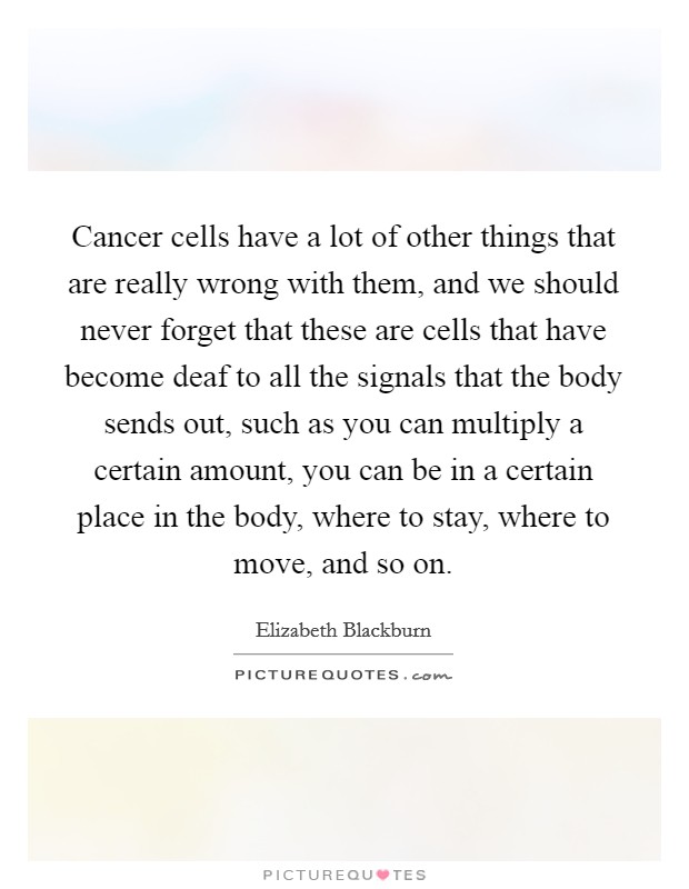 Cancer cells have a lot of other things that are really wrong with them, and we should never forget that these are cells that have become deaf to all the signals that the body sends out, such as you can multiply a certain amount, you can be in a certain place in the body, where to stay, where to move, and so on. Picture Quote #1