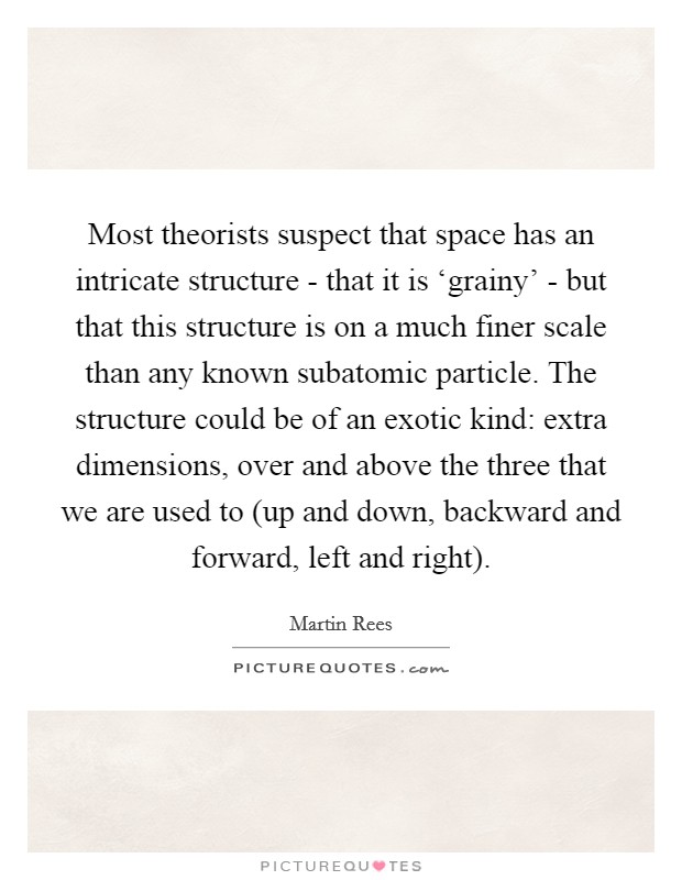 Most theorists suspect that space has an intricate structure - that it is ‘grainy' - but that this structure is on a much finer scale than any known subatomic particle. The structure could be of an exotic kind: extra dimensions, over and above the three that we are used to (up and down, backward and forward, left and right). Picture Quote #1