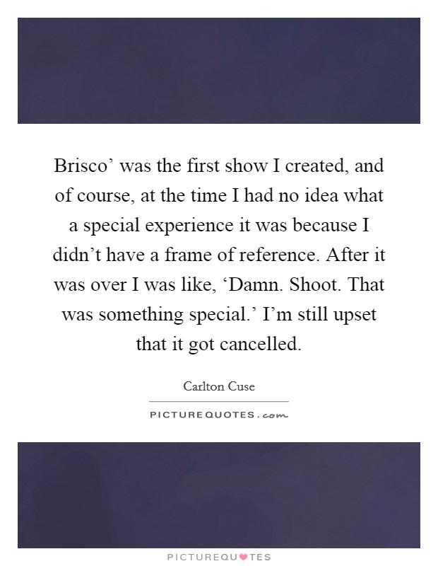 Brisco' was the first show I created, and of course, at the time I had no idea what a special experience it was because I didn't have a frame of reference. After it was over I was like, ‘Damn. Shoot. That was something special.' I'm still upset that it got cancelled. Picture Quote #1